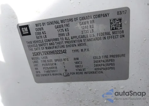 2017 GMC Terrain Sle-2 z USA, uszkodzony, nr VIN 2GKFLTEK8H6322342